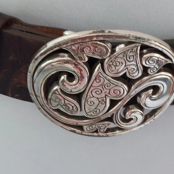 Brighton Dark Brown Handtooled Leather Belt with Silver Heart Oval Buckle - Picture 2 of 15